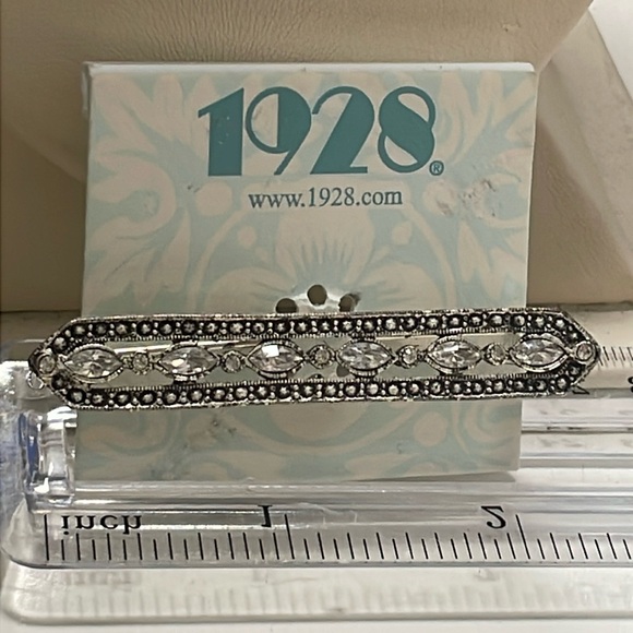 1928 silver tone black enamel clear cut crystal rhinestone bar brooch pin - Picture 1 of 5